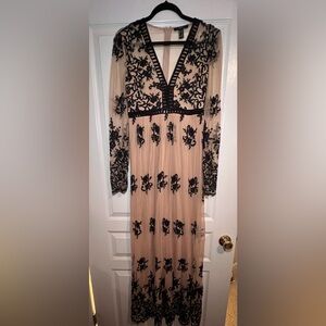 Black and Cream Floral Lace Long Sleeve Dress